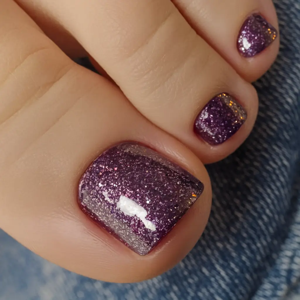 2025 Fall Toe Nail Colors Violet Glitter Fade with Starry Sparkle
