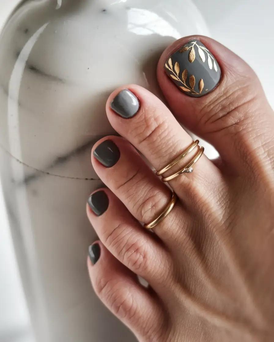 2025 Fall Toe Nail Colors Olive & Gold Botanical Accent