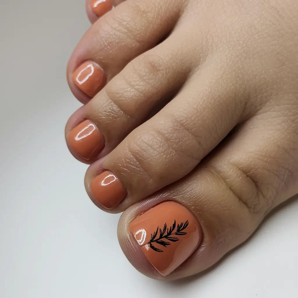 2025 Fall Toe Nail Colors Burnt Orange with Leaf Detail