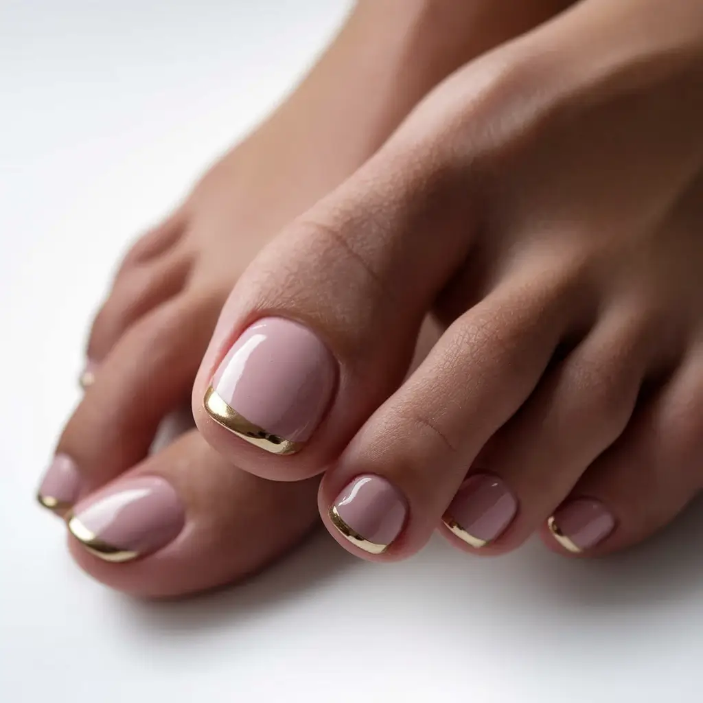 2025 Fall Toe Nail Colors Blush Nude with Metallic Gold Tips
