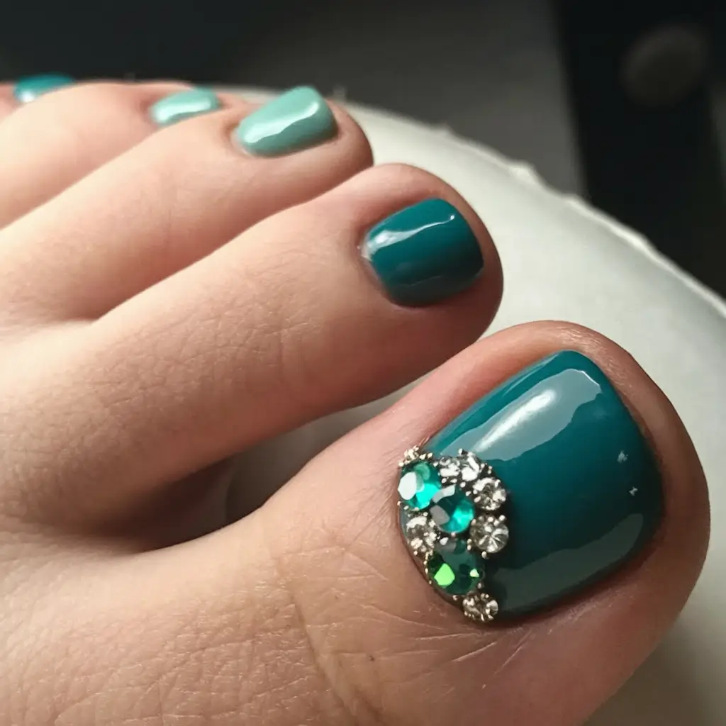 2025 Fall Toe Nail Colors Emerald Teal with Gemstone Accent