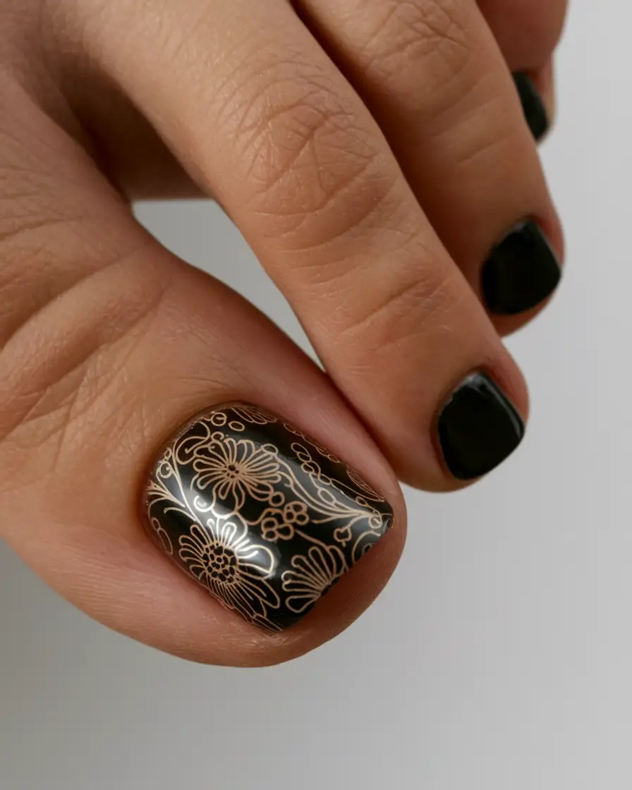 2025 Fall Toe Nail Design Ideas Dark Elegance with Floral Charm