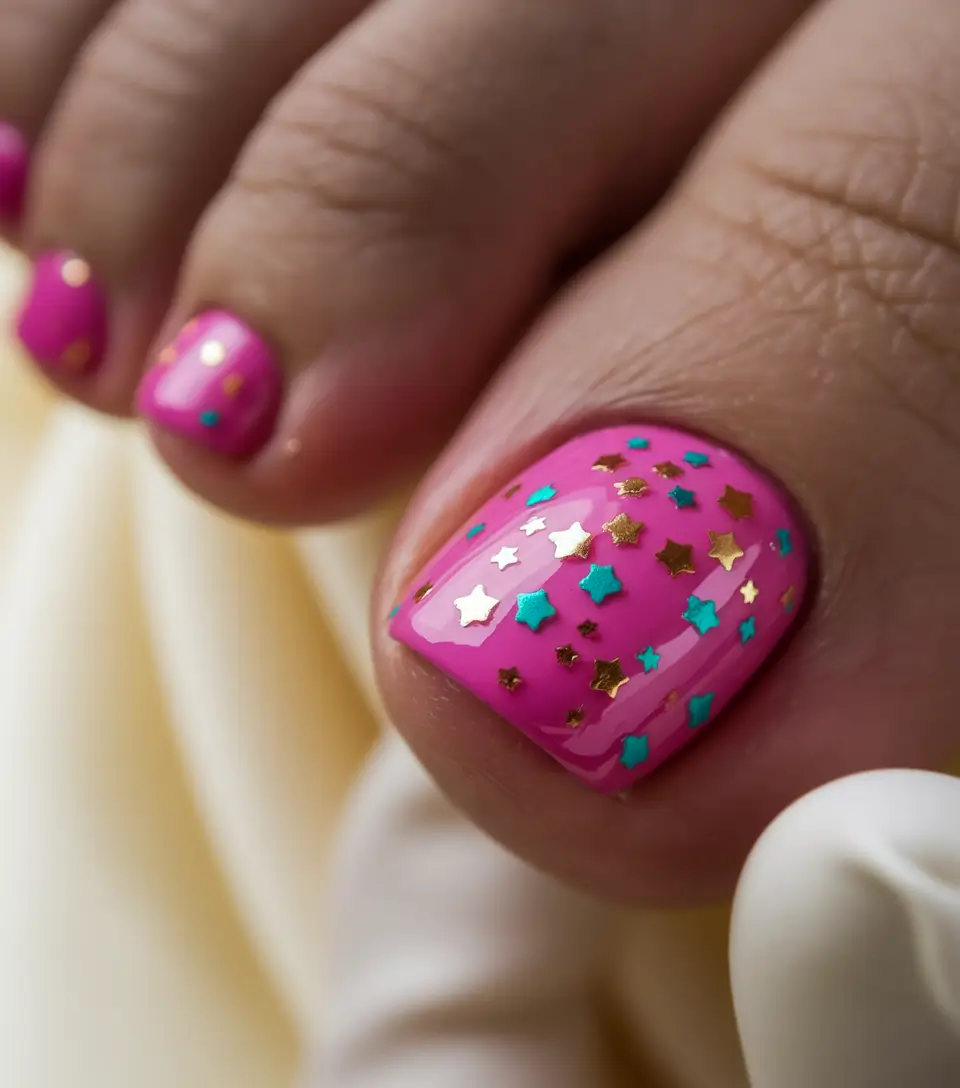 2025 Fall Toe Nail Design Ideas Bright Pink with Star Confetti