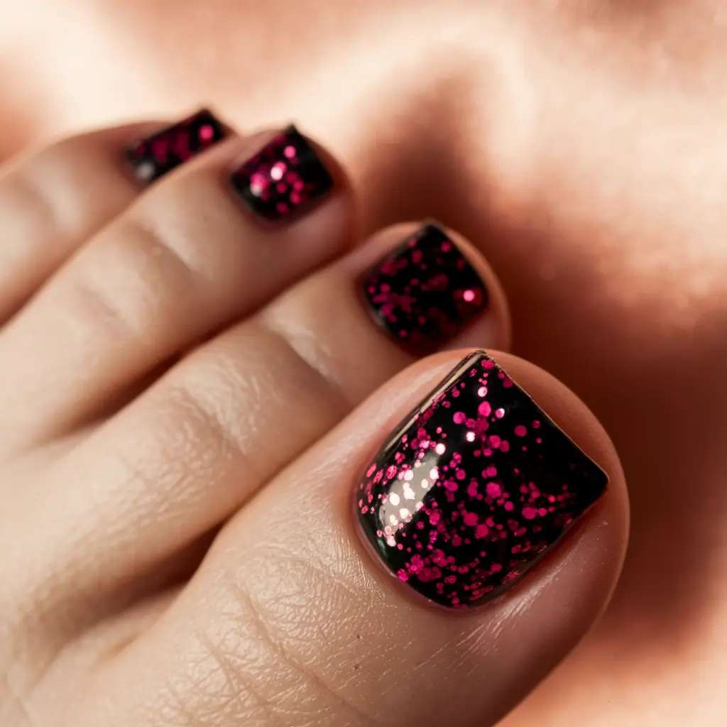 2025 Fall Toe Nail Design Ideas Black Base with Raspberry Glitter Pop