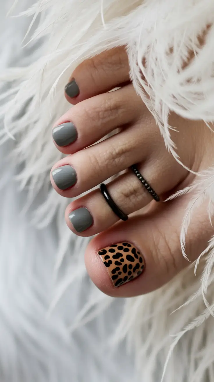 2025 Fall Toe Nail Design Ideas Muted Gray and Leopard Accent