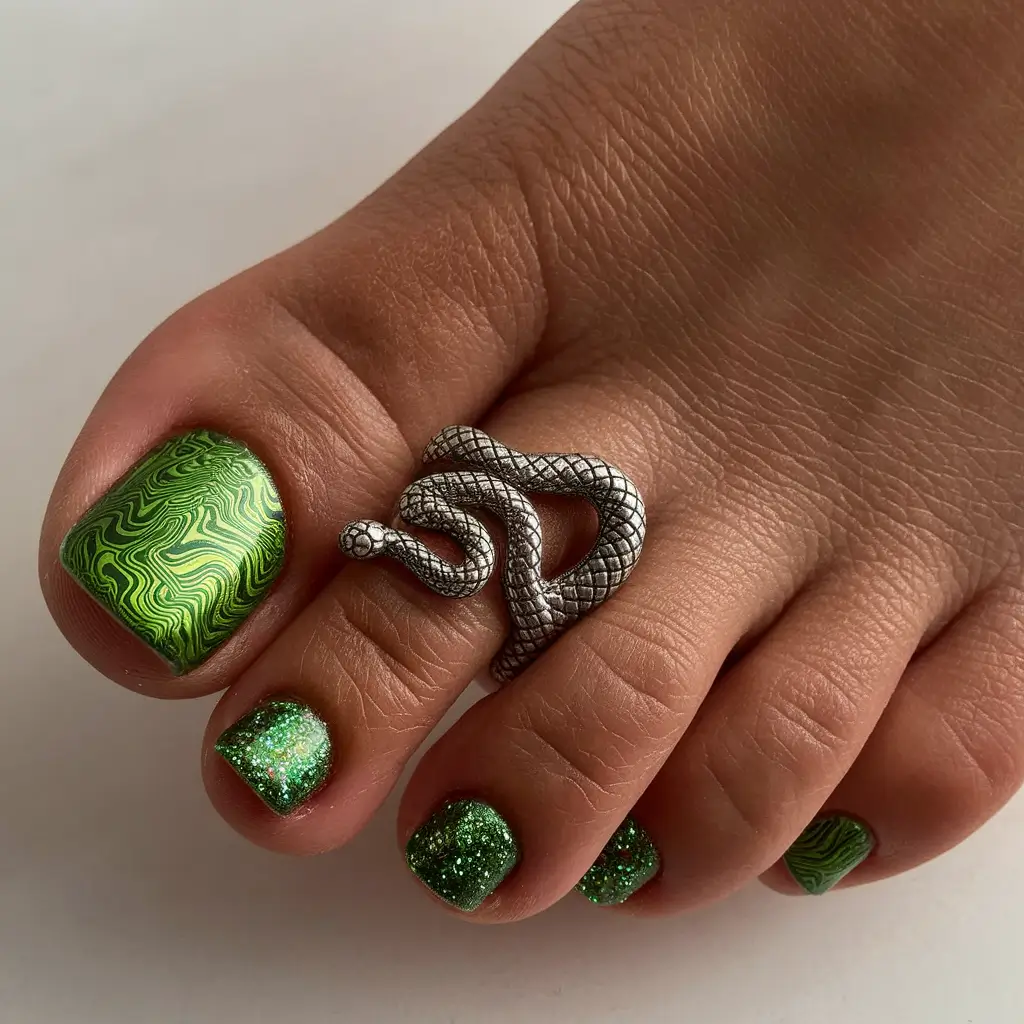 2025 Fall Toe Nail Design Ideas Psychedelic Green with Sparkle