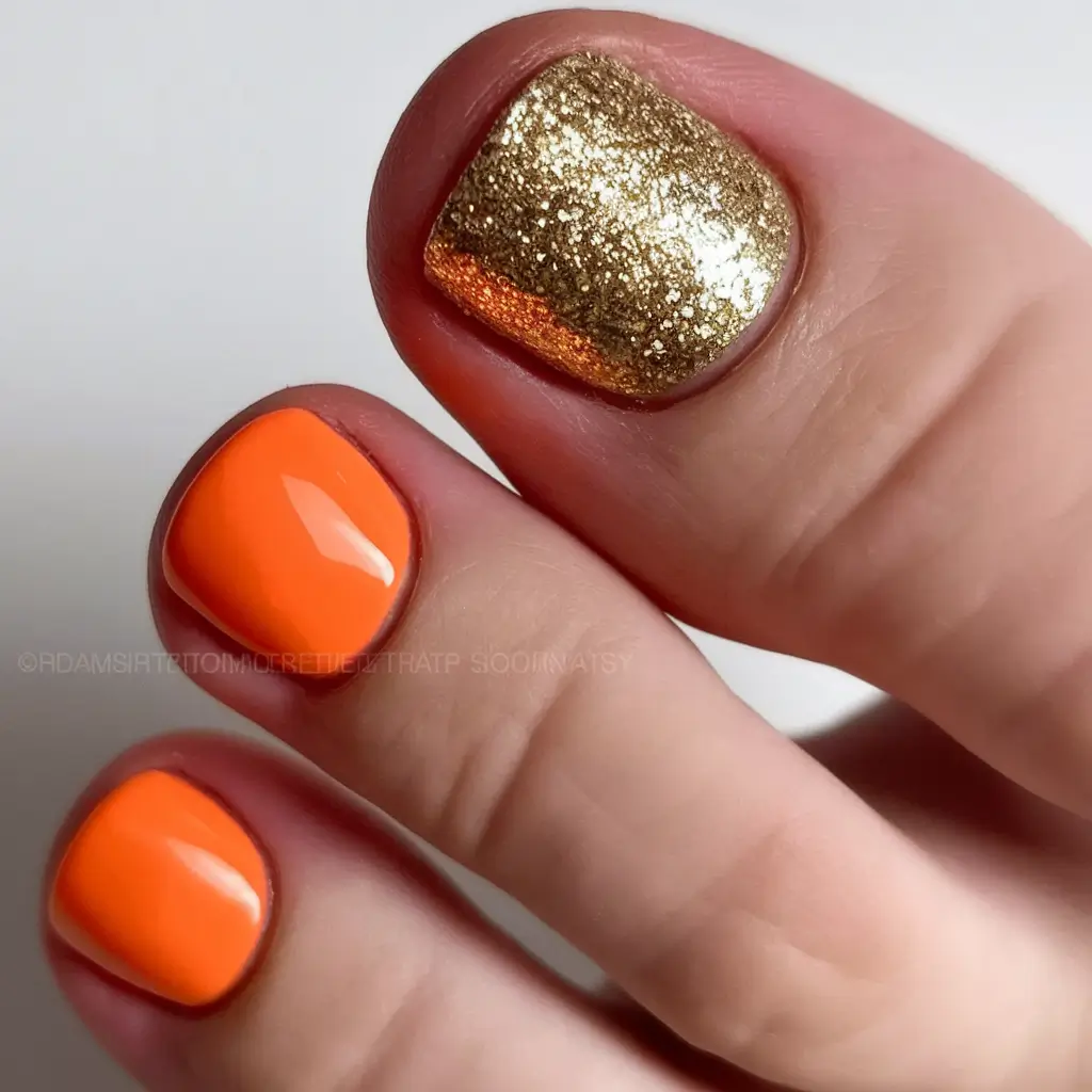 2025 Fall Toe Nail Design Ideas Orange and Gold for Autumn Sparkle