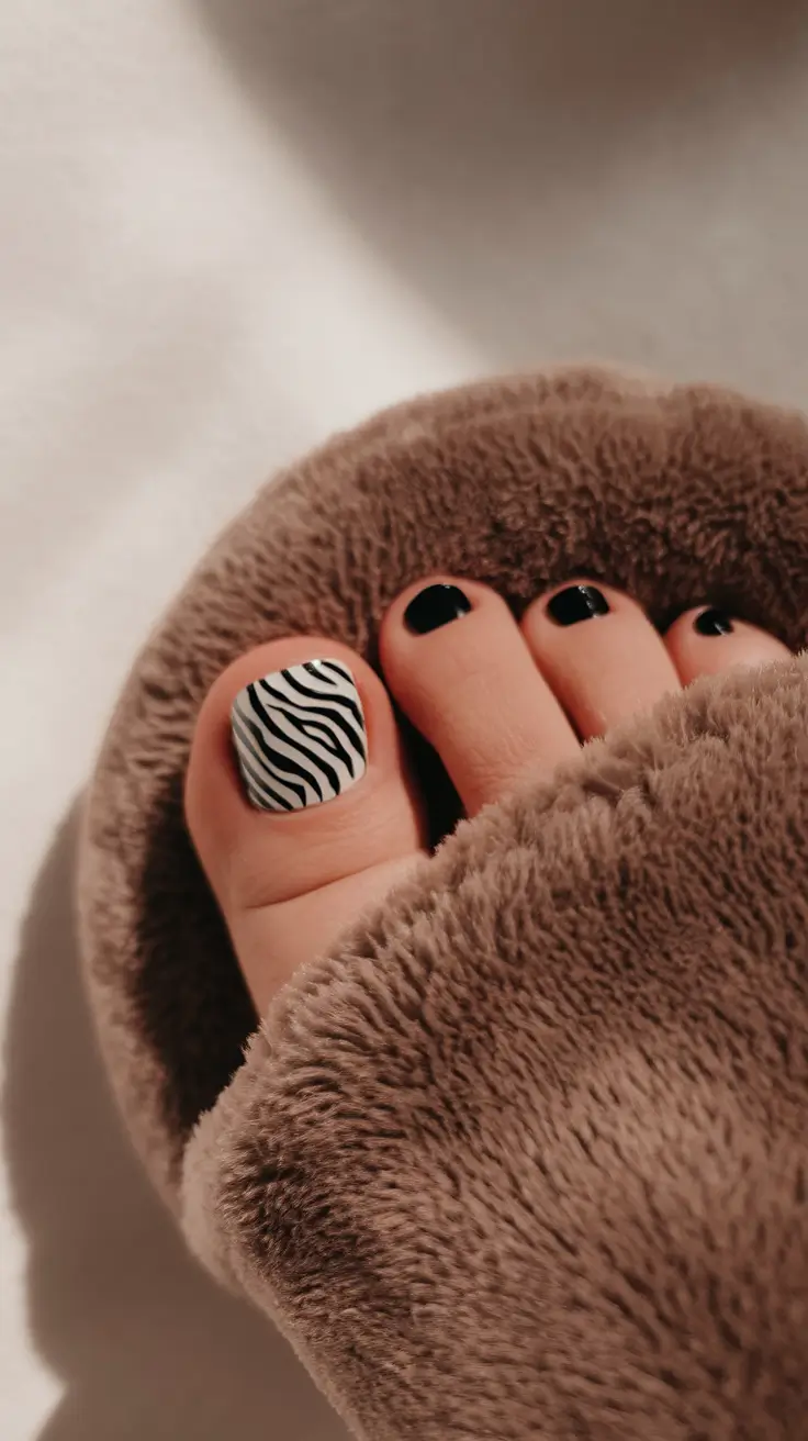 2025 Fall Toe Nail Design Ideas Black and White Zebra Accent