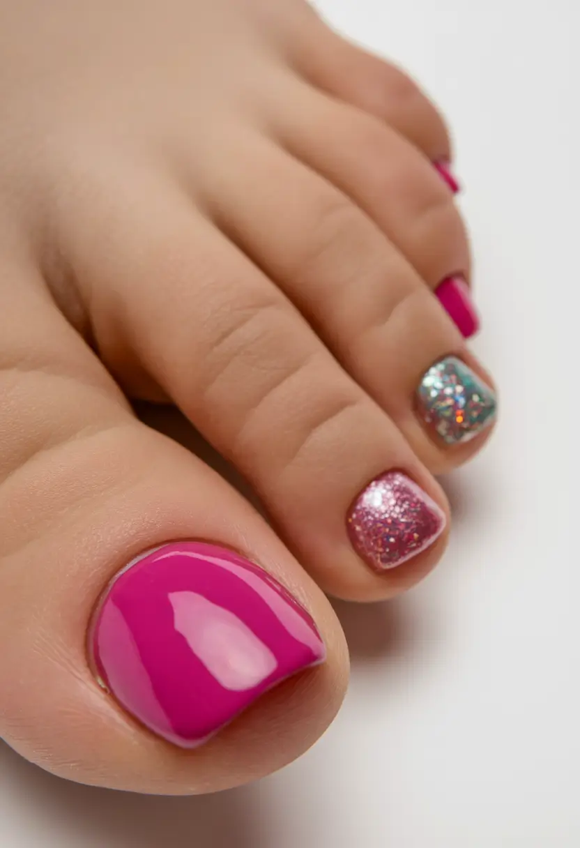 2025 Fall Toe Nail Design Ideas Party-Ready Pink and Glitter Mix