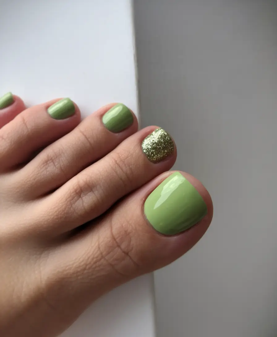 2025 Fall Toe Nail Design Ideas Matcha Green with a Golden Accent