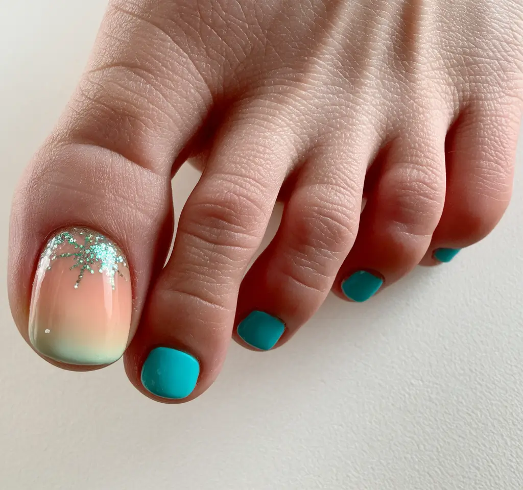 2025 Fall Toe Nail Design Ideas Sunset Fade with Turquoise Pop