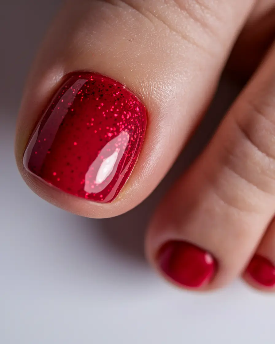 2025 Fall Toe Nail Design Ideas Ruby Red Glitter Drama