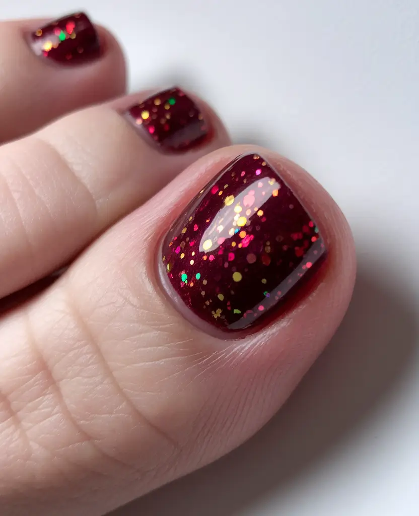 2025 Fall Toe Nail Design Ideas Plum Sparkle with Confetti Finish