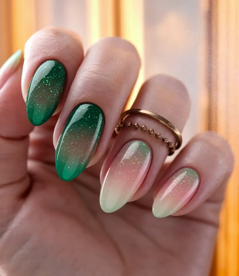 Autumn 2025 Nail Design Ideas Moody Green Ombre with Sparkle