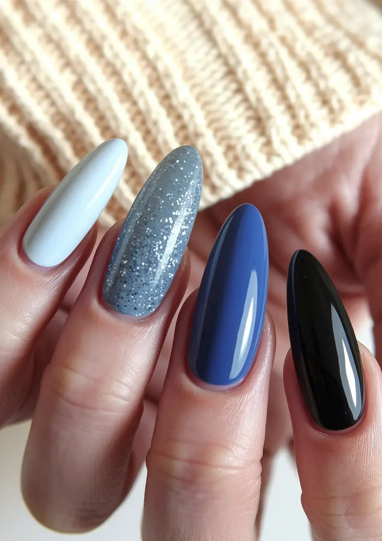 Autumn 2025 Nail Design Ideas Dark Blue and Winter-Inspired Mix