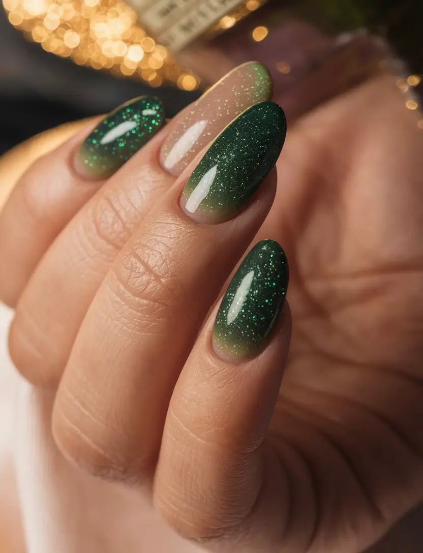 Autumn 2025 Nail Design Ideas Green Glitter Ombre