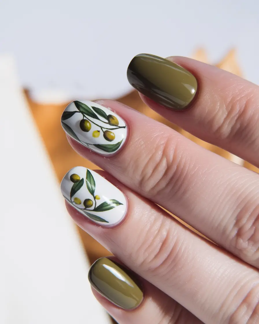Autumn 2025 Nail Design Ideas Olive Green with Botanical Art