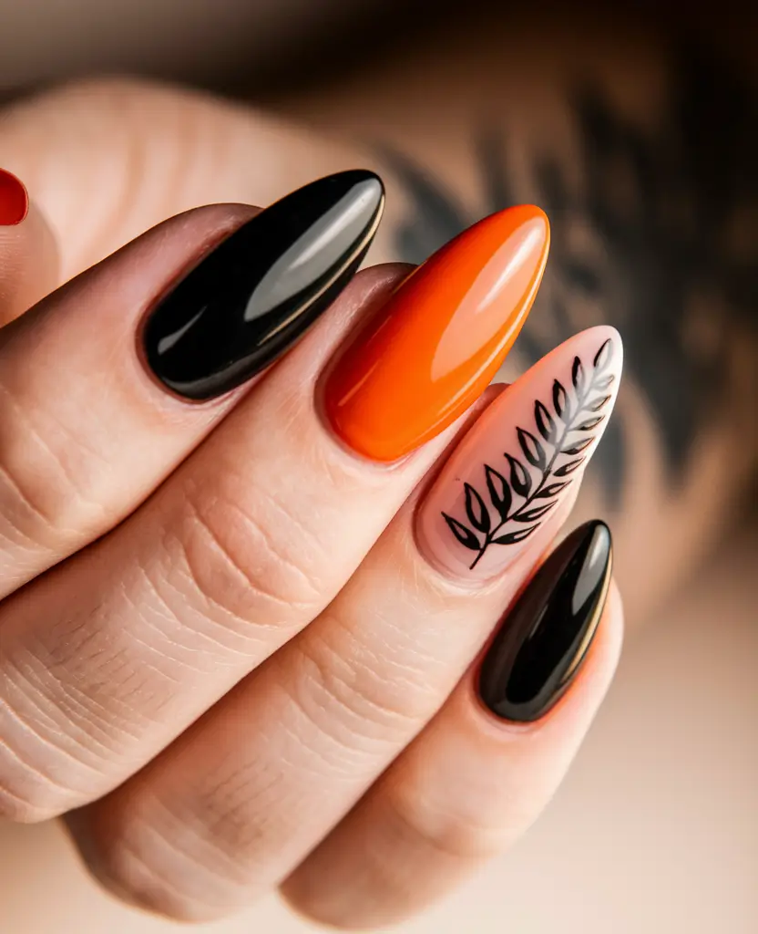 Autumn 2025 Nail Design Ideas Black and Pumpkin Orange Contrast