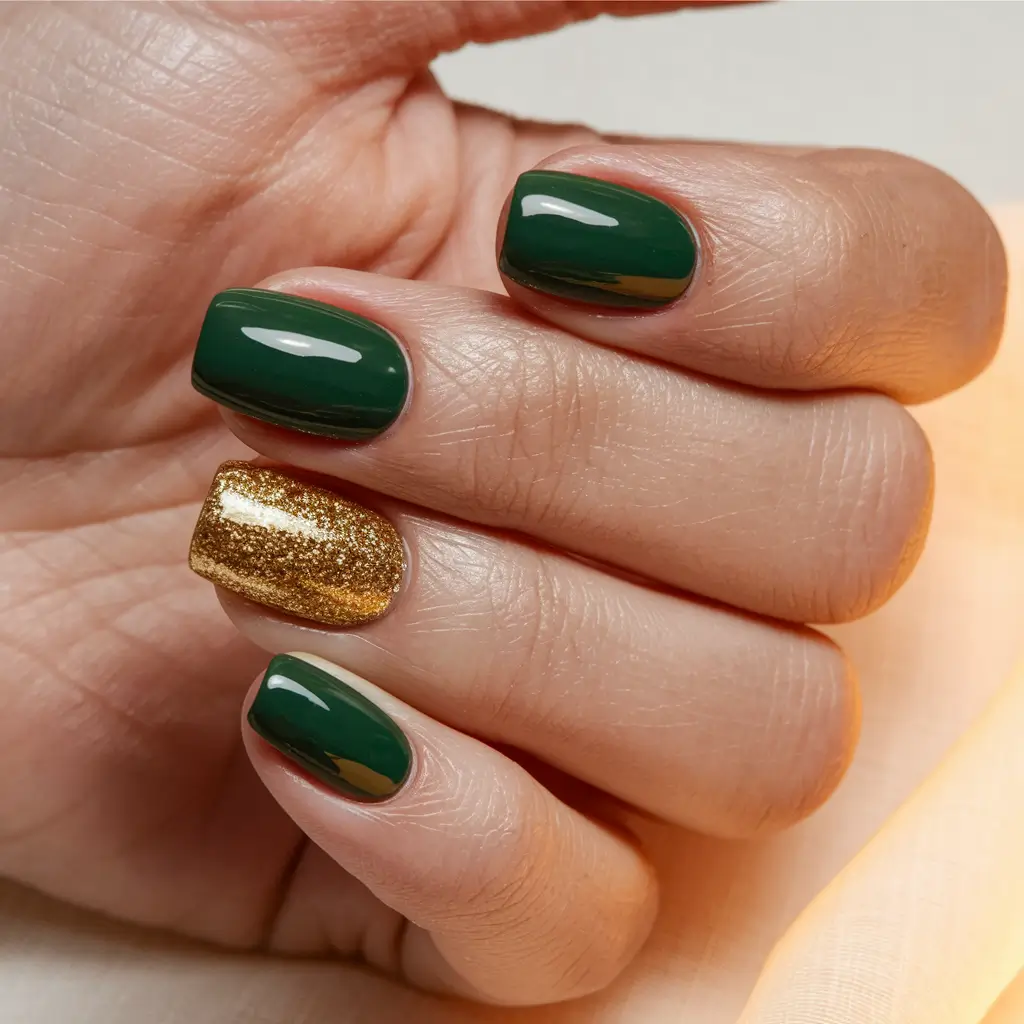 Autumn 2025 Nail Design Ideas Forest Green with Golden Accent