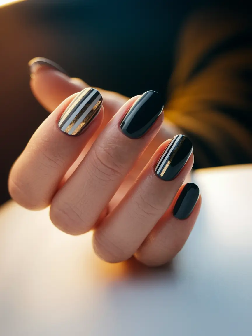 Autumn 2025 Nail Design Ideas Striped Black with Metallic Detail