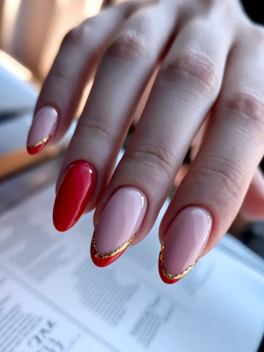 Autumn 2025 Nail Design Ideas French Tips with Red and Gold