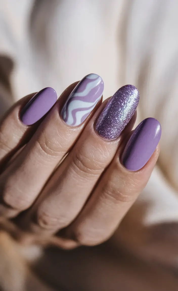 Autumn 2025 Nail Design Ideas Lavender Waves with Glitter Accent