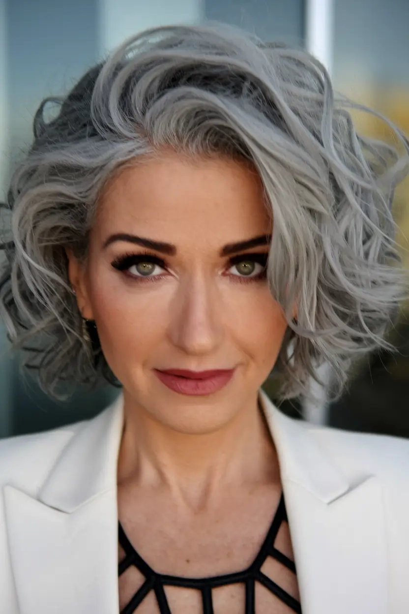 Beautiful Fall 2025 hairstyles for Women 50+ Silver Curly Bob