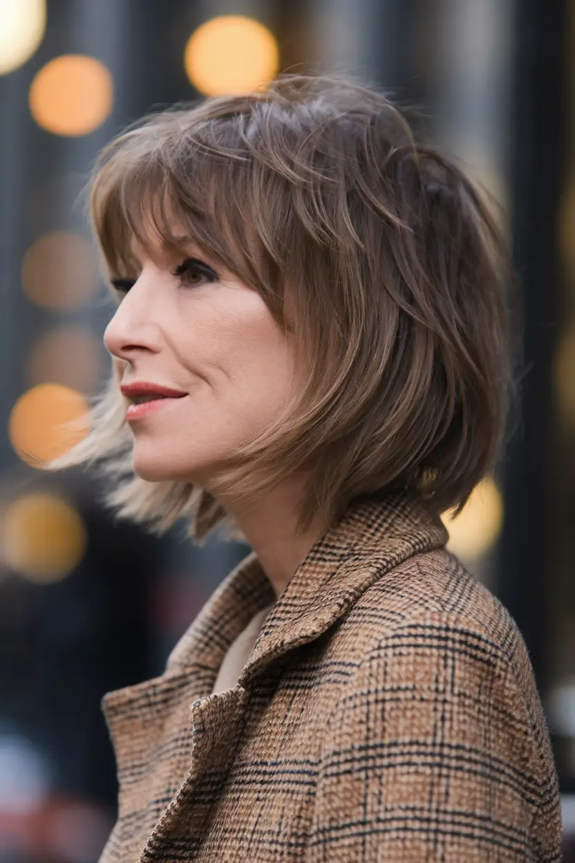 Beautiful Fall 2025 hairstyles for Women 50+ Shaggy Bob with Bangs