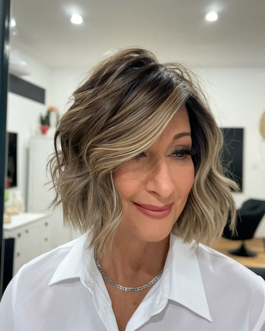 Beautiful Fall 2025 hairstyles for Women 50+ Wavy Balayage Lob