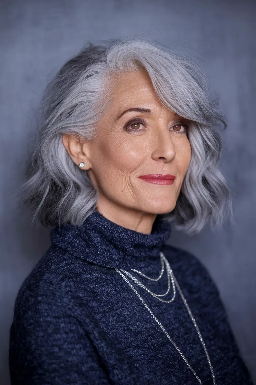 Beautiful Fall 2025 hairstyles for Women 50+ Silver Wavy Bob