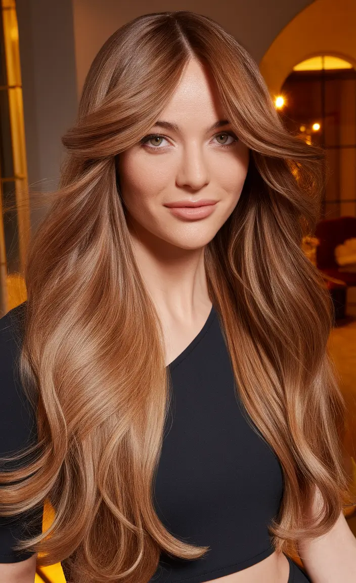 Chic and Cute Hair Color Ideas for Fall 2025 Golden Chestnut Layers with Face-Framing Movement