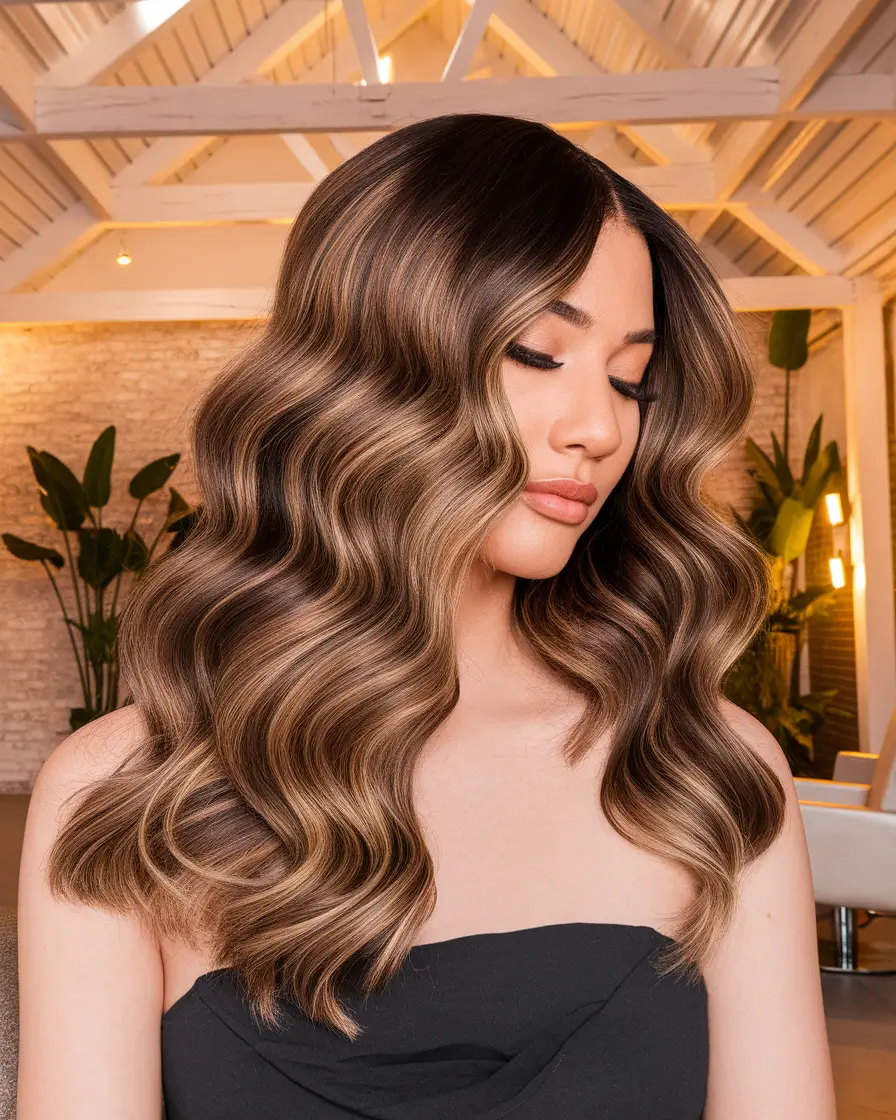 Chic and Cute Hair Color Ideas for Fall 2025 Glossy Brunette with Champagne Balayage Waves
