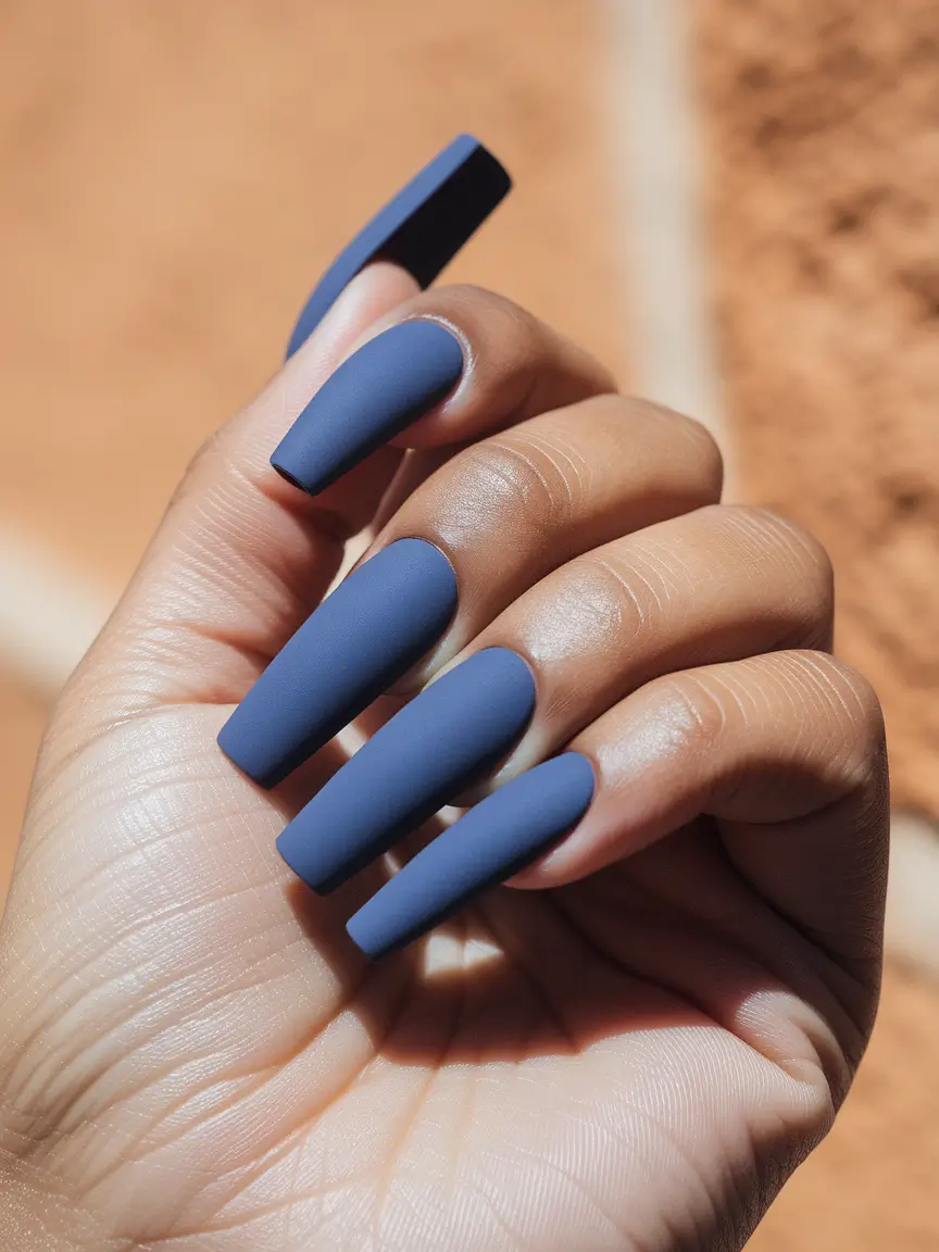 Creative Fall Coffin Nail Ideas 2025 Matte Navy Mood