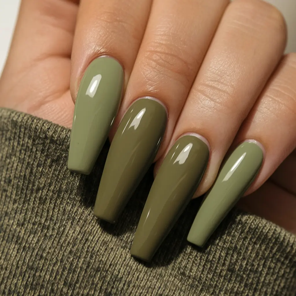 Creative Fall Coffin Nail Ideas 2025 Olive Dual-Tone Minimalism