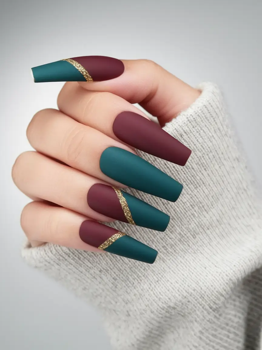 Creative Fall Coffin Nail Ideas 2025 Berry & Forest with Gold Detail
