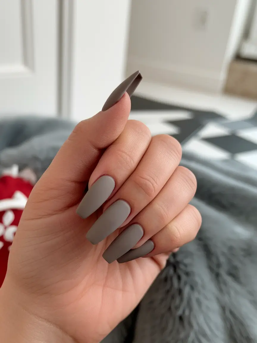 Creative Fall Coffin Nail Ideas 2025 Storm Grey Matte Drama