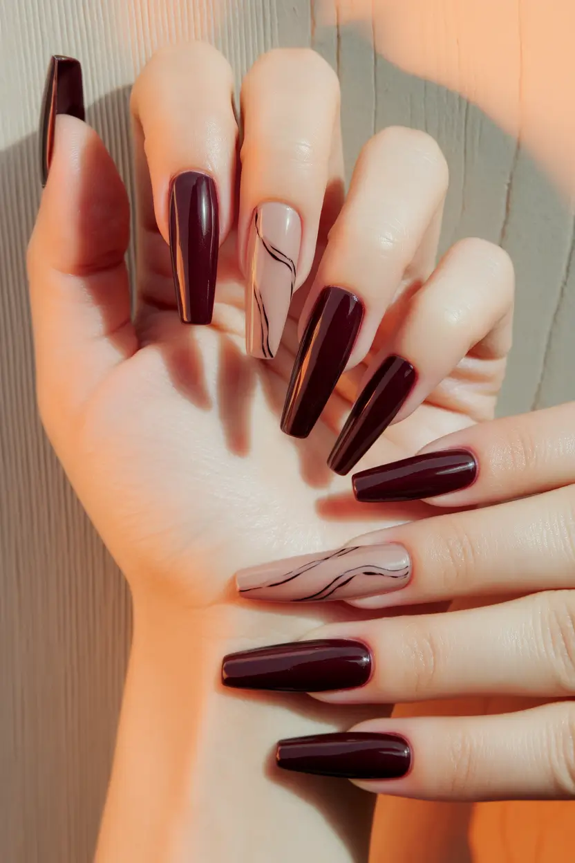 Creative Fall Coffin Nail Ideas 2025 Glossy Burgundy & Neutral Art
