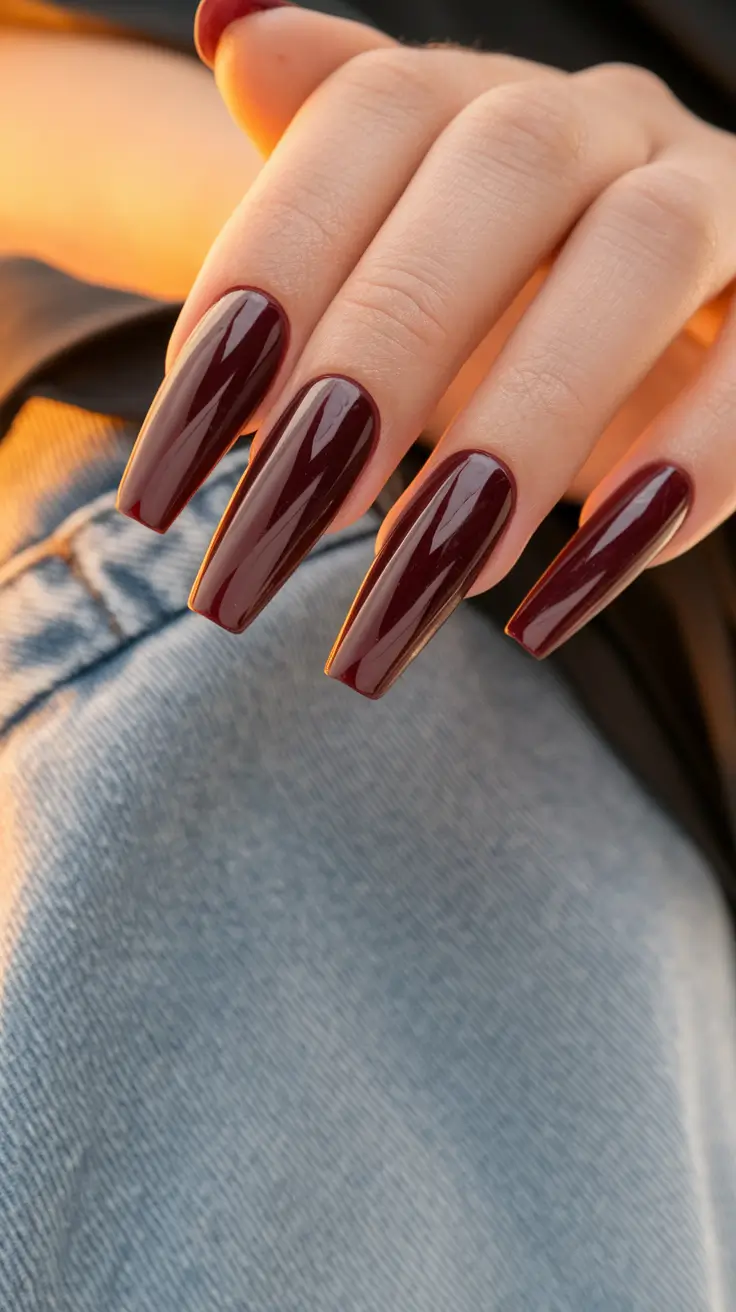 Creative Fall Coffin Nail Ideas 2025 Deep Gloss Burgundy Crush