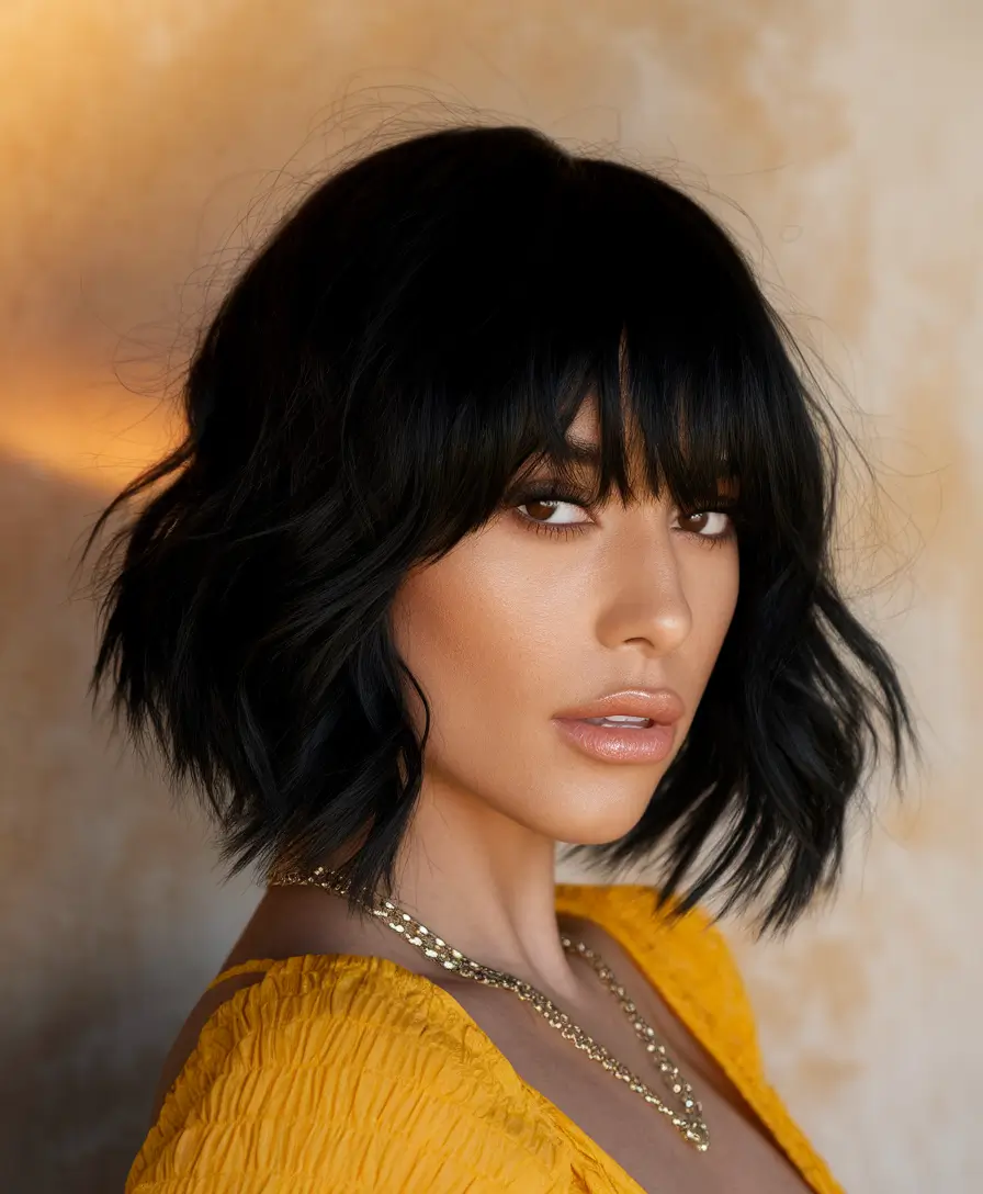 Easy Short Fall Hairstyles 2025 Textured Midnight Waves with Full Bangs