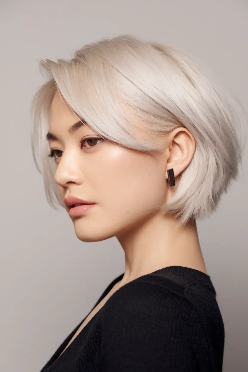 Easy Short Fall Hairstyles 2025 Platinum Cropped Bob with Side-Swept Bang