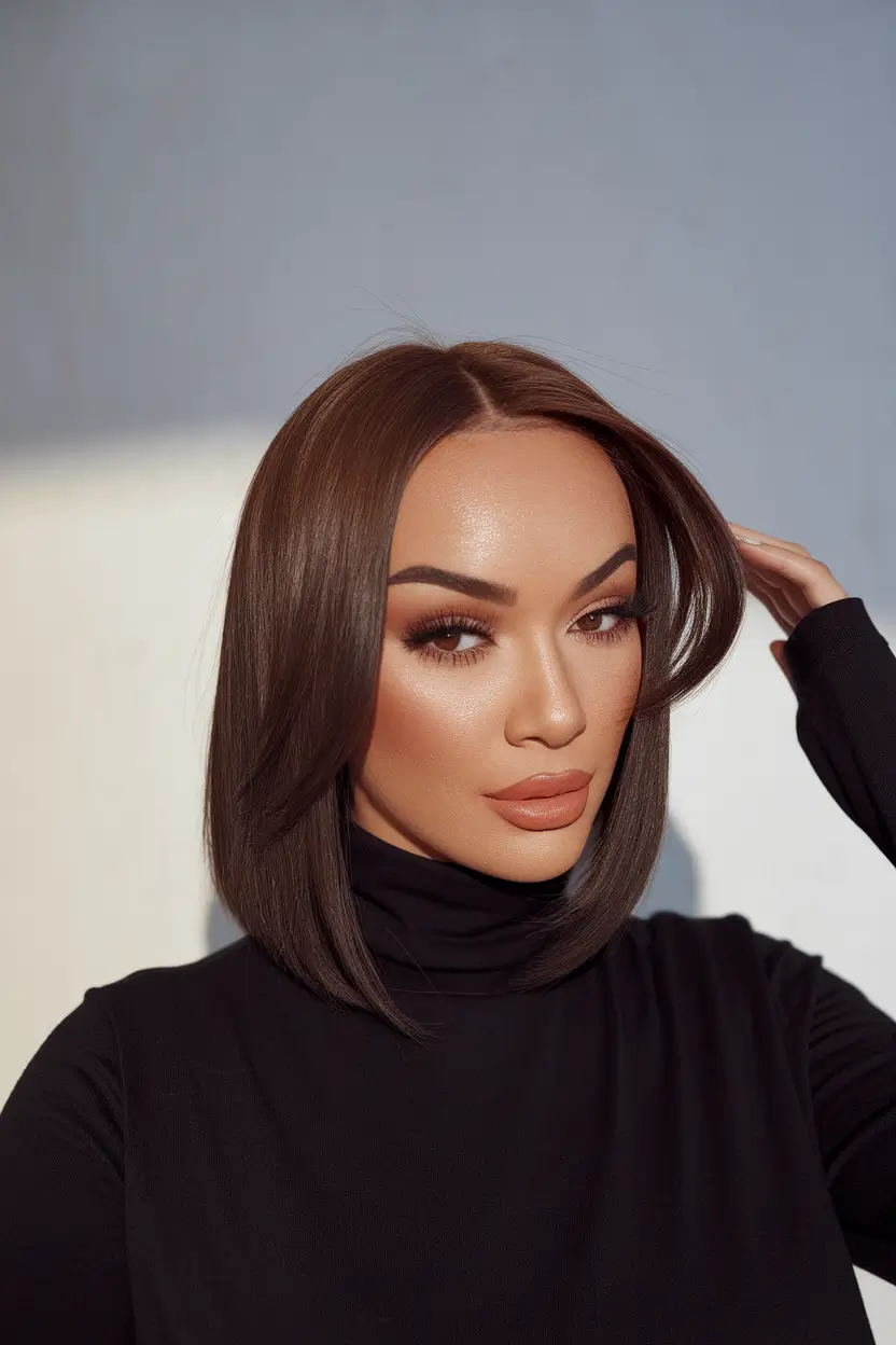 Easy Short Fall Hairstyles 2025 Glass-Like Brown Lob with Center Part