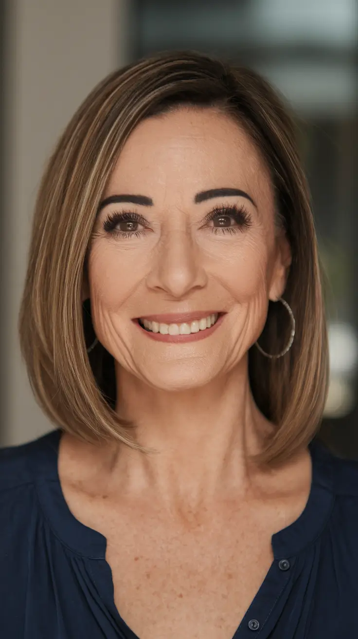 Elegant Fall hairstyles for Women Over 60 in 2025 Classic Long Bob with Subtle Highlights