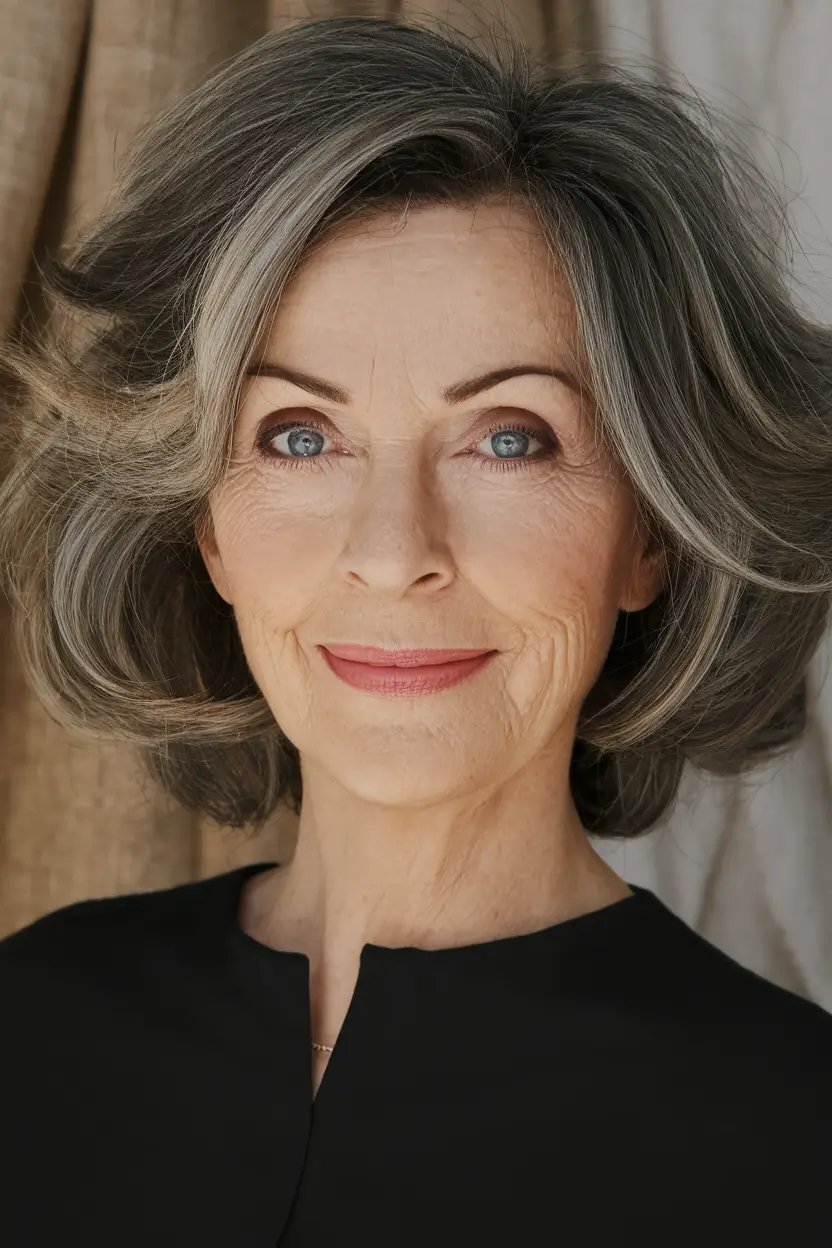 Elegant Fall hairstyles for Women Over 60 in 2025 Voluminous Silver Waves with Dark Lowlights