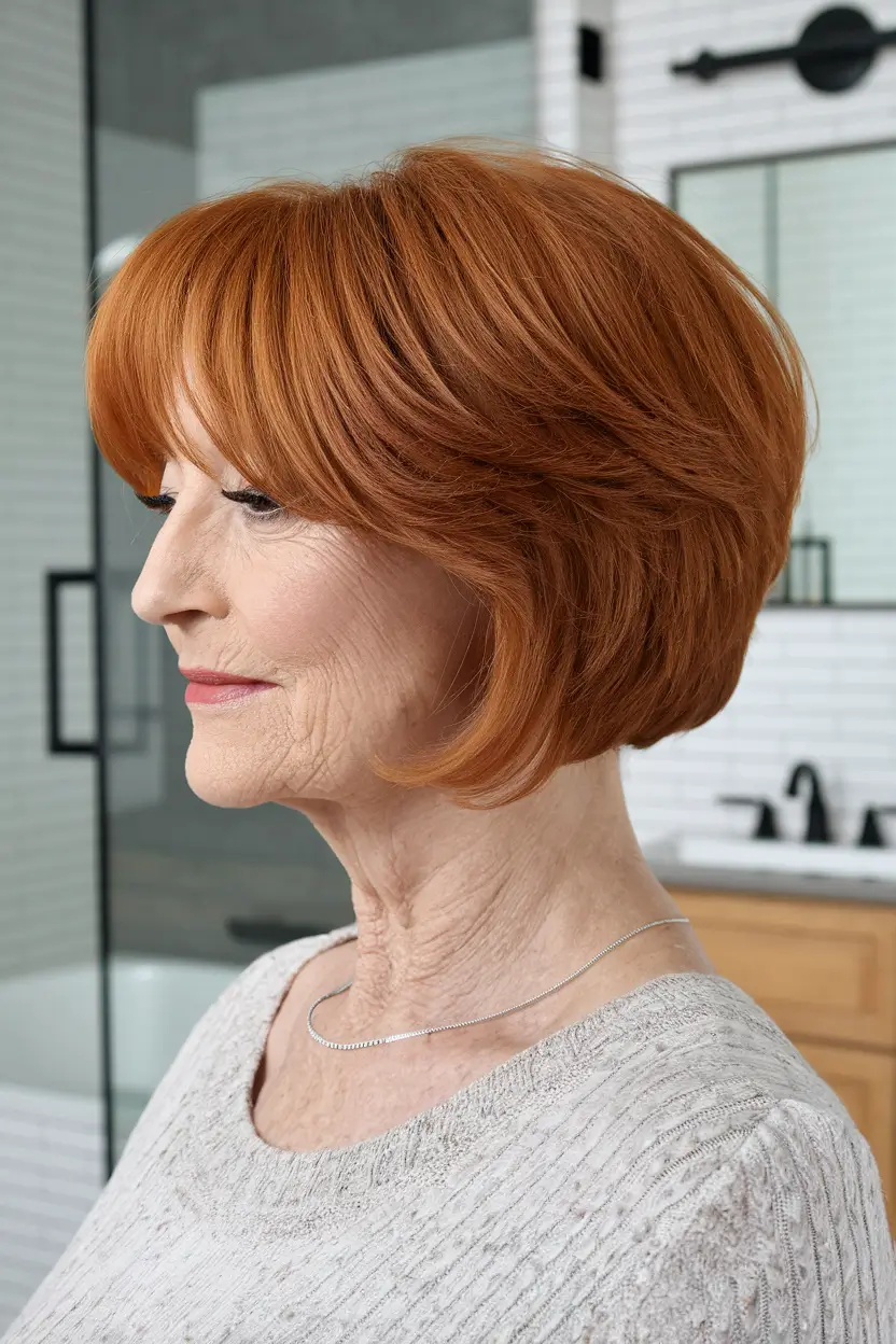 Elegant Fall hairstyles for Women Over 60 in 2025 Fiery Auburn Bob with Fringe