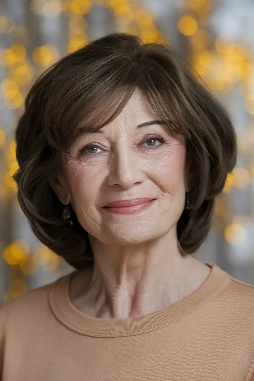 Elegant Fall hairstyles for Women Over 60 in 2025 Layered Brunette with Side Bangs