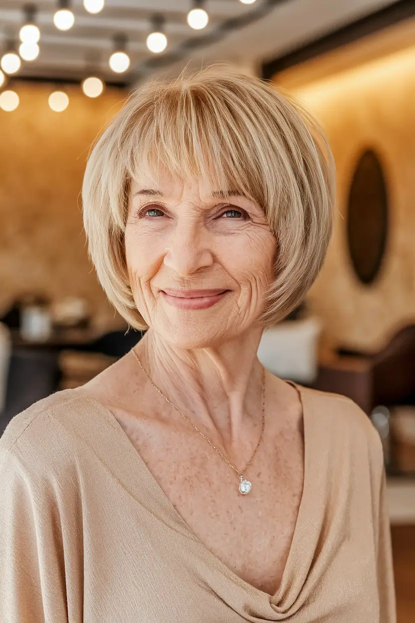 Elegant Fall hairstyles for Women Over 60 in 2025 Classic Short Bob with Bangs