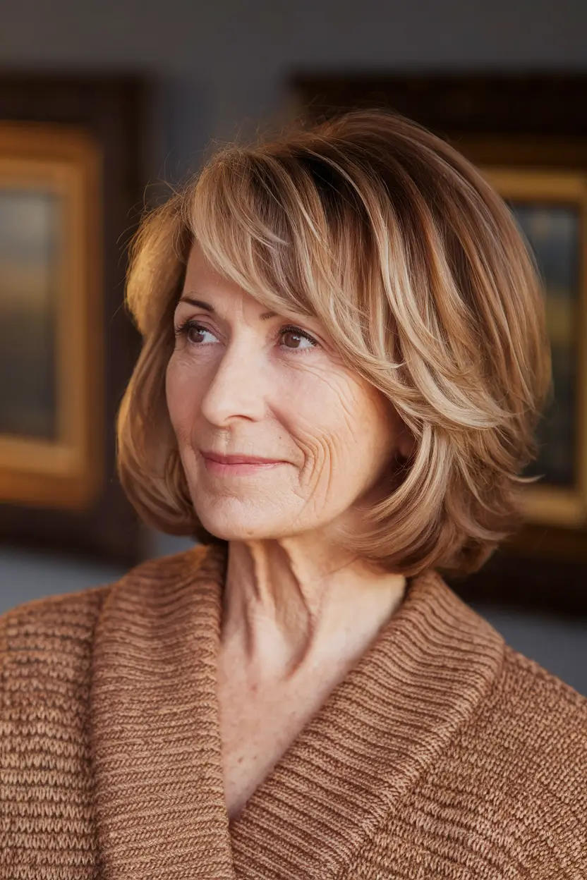 Elegant Fall hairstyles for Women Over 60 in 2025 Feathered Layers with Caramel Tones