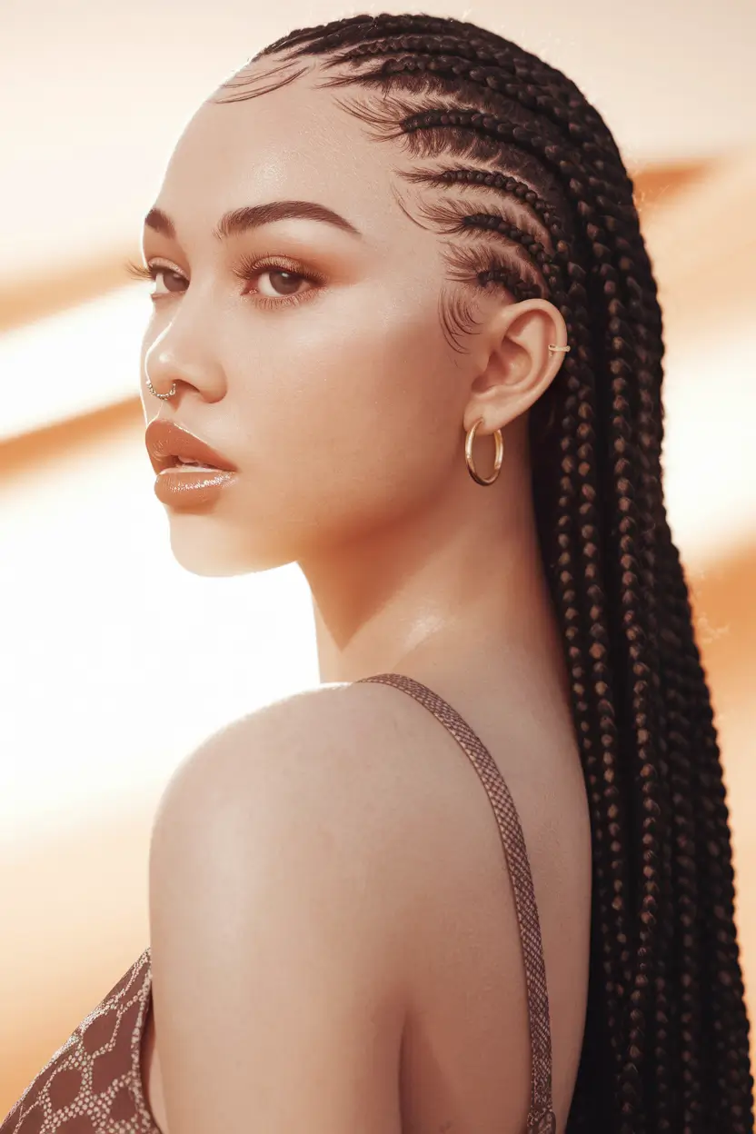 Fall 2025 Braid hairstyles You’ll Want to Copy Long Sleek Cornrow Braids with Golden Glow