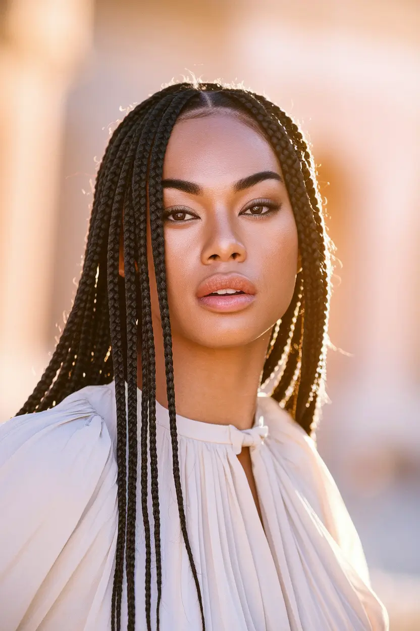 Fall 2025 Braid hairstyles You’ll Want to Copy Long Straight Box Braids in Golden Light