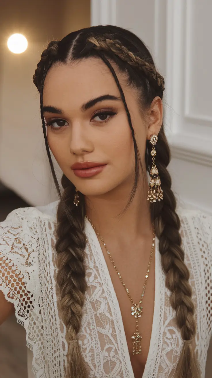 Fall 2025 Braid hairstyles You’ll Want to Copy Romantic Double Braids with Lace and Gold Accents